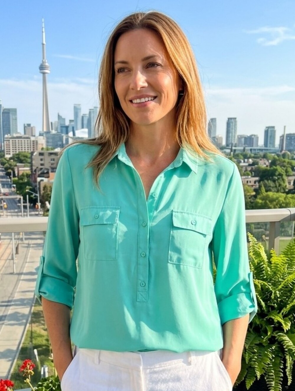 Old Navy Teal Button-Front Roll-Tab Sleeve Blouse